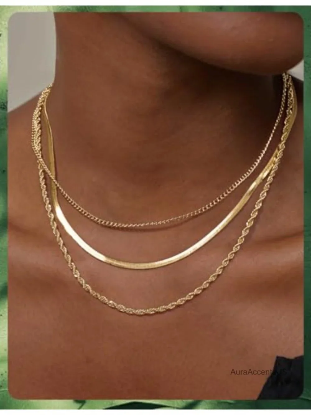 14K Gold Plated Necklace Set 3 Chains Rope Cuban Herringbone Layering Gift